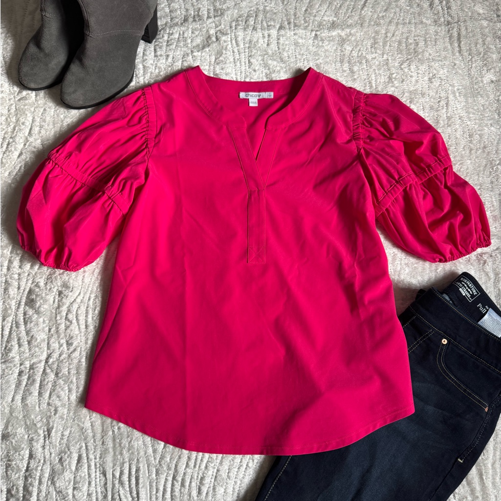 New!Chico's Bright Fuchsia Puff-Sleeve Blouse